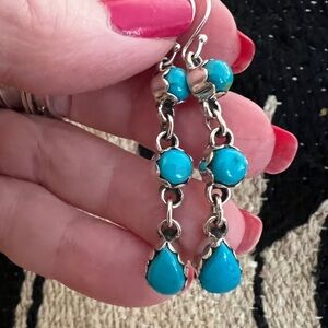 ❤️ Kingman Turquoise Sterling 3 Stone Statement Navajo Dangle Earrings 2.13”L